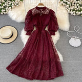 Vintage Women Lace Dress Spring Summer Elegant Stand Collar Puff Sleeve High Waist Party Vestidos Female Runway Robe 2022