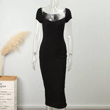 Off Shoulder Knitted Midi Dress Woman Fashion Solid Bodycon Long Robe 2022 Elegant Chic Club Party Sweater