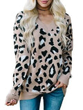 Autumn Winter New V-Neck Pullover Long Sleeve Top Crochet Knitting korean style Leopard Jacquard Women's Blouses
