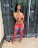 Sexy Strap Wrap Chest Crop Top And Fashion Print Pant Two Piece