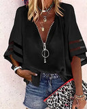 Zipper Half Bell Sleeve Mesh Solid Color Stitching Loose Casual Women's