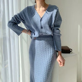 Women Autumn Winter V-Neck Hemp Pattern Knitted Sweater Top + High Waist Elegant Skirt 2 Piece Set Slim Casual Dress