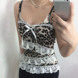 Girls Retro Leopard Print Color Lace Bow Splicing With Small Suspenders To Show Slim, Sexy Vest-Outfit