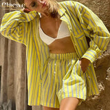 Fashion Long Sleeve Shirts Two Pieces Set Womens Casual Loose Print Shorts Set Autumn Elastic Waist Shorts Woman