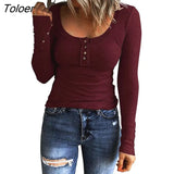 Women T-shirt Solid Color Buttons Long Sleeves Pullover Scoop Neck Warm Simple Style Soft Lady Spring Top Female