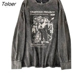 Loose Pullovers Women American Vintage Graffiti Print Pullover Cotton Long Sleeve T-shirt Men Hip-hop Washed Craft