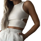 Women Casual Tank Crop Tops T-shirts Solid Color Hollow-Out Back Slim-Fit Sleeveless Crop Tops Women's Clothes-Outfit