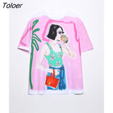 Women Fashion Contrast Color Beauty Print Casual T Shirt Female Basic O Neck Short Sleeve Chic Streetwear Tops