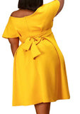 Sweet Off-the-shoulder Short Sleeves Solid Belted Midi A-line Plus Size Party