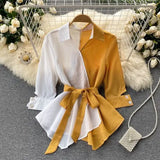 Vintage White Striped Patchwork Irregular Ruffle Blouse Women Spring Autumn Elegant Turn-Down Collar Tops Female Casual