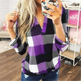 Size Women's Blouse Shirts Autumn Long Sleeve V-neck Loose Tops Elegant Ladies Office Blouses Womens Plaid Tops and