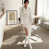 Casual White Two Piece Set For Women Notched Long Sleeve Blazer High Waist Irregular Hem Skirt Female Korean