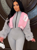 Fashion Letter Fake Fur Long Sleeve Zipper Baseball