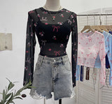 Real Shooting Bow Print Bare Back Net Yarn Sunscreen Long-Sleeved T-Shirt Hottie With Chest Pads Two Short Tops