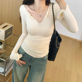 Tight V-Collar Skinny Bottomed Shirt Long-Sleeved T-Shirt Women's Early Autumn New Design Feel A Small Number Of Pure Desire To Wear Inside The Jacket-Outfit