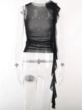 Women 3D Flower Mesh Sheer Tank Ruffles Tassels See Through Crop Tops Sleeveless Spaghetti Strap Camis Y2K Clothes-Outfit