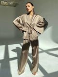 Fashion Loose Satin Pants Set Women Casual Long Sleeve Shirts Wide Trousers Suits Elegant Home Wear Two Piece Robe