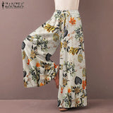 ZANZEA 2022 Kaftan Printed Pants Women's Wide Leg Trousers Elastic Waist Long Pantalon Palazzo Casual Floral