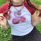 Cool Girl Cherry Print Hit Color Shoulder Insert Short-Sleeved Round-Neck T-Shirt 2024 Spring / Summer New Spice Girl Blouse-Outfit