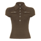 Women's Fashion Street Trend Artificial Style Collar Foundation Solid Color Hottie Short-Sleeved T-Shirt Blouse