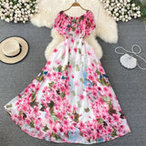 Chiffon Flowy Maxi Dress Runway Women's Ruffles Slash Neck Elastic Waist Romantic Floral Robe Longue Femme