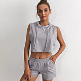 Hoodie Sweatshirt Set Solid Sleeveless Female 2 Pieces Tracksuit Lace Up Crop Top+shorts Pockets 2021 Summer Casual