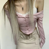 Pure Style Women's Dress Ins Street Lace Spliced U-Shaped Hem Button Long-Sleeved Sweater Women's Autumn-Outfit