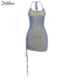 Solid Color Drawstring Party Wrap Dress Women Sling Sleeveless Halter Bodycon Club Wear Summer Sexy Basic Mini
