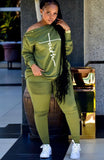 Print Slash Shoulder Shirt and Pants Casual 2 Piece