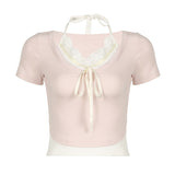 Sweet Spice Girl Lace Splicing Collision Color Fake Two Lace-Up Short-Sleeved T-Shirts Sweet Jackets For Women-Outfit