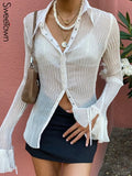 Vintage White Folds Cute Y2K Shirts Women Elegant Fashion Flared Sleeve Button Tops See Through Sexy Mesh Girl