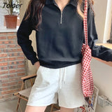 Autumn Long-sleeved Polo Collar Sweatshirts Women New Zipper Solid Color Basic Tops Female Elegant Apricot Pullovers