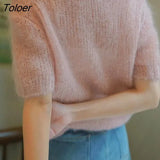 Oversize High Quality Summer 2021 Knitted O-neck Hollow Short Sleeve Pullover Solid Women Sweater Sexy Hot Pink