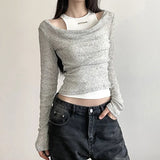 Sense Of Retro Slim Vest Stack Collar Two-Piece Blouse Woman 2023 Slim Shoulder Knitted Long-Sleeved T-Shirt-Outfit