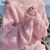 Soft Loose Knitted Sweater Women Anutumn Winter New Hollow Solid Pullover Sweater Mohair Warm Basic Knitwear Jumper