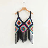 crocheted knitting tassels summer tops hollow out black white patchwork crop top beach backless tank top bohemian