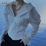 White Casual Patchwork Colorblock Slim Shirt Female Lapel Long Sleeve Fashion Blouse For Women Autumn Style