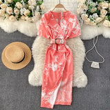 Casual Women Lace Patchwork Printed Bodycon Dress Ladies Office Elegant V-Neck Short Sleeve High Waist Vestidos With Sashes