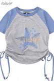 Women T-shirts Vintage Fashion Crop Tops Chic Star Embroidery Korean Tees 2023 Ropa Mujer Slim Fit Drawstring Y2k