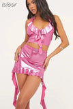 Silver Halter Drawstring 2 Two Piece Sets Summer Outfits For Women 2023 Sexy Hellow Out Mini Skirts Sets Backless