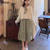 Women Dresses New Bows Retro Breathble Kawaii Korean Style Casual Soft Daily Womens Chic Vintage Sweet Party Pleated