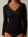 Women Lace Patchwork Long Sleeve T-shirts Tops V Neck Casual Pullovers Spring Fall Club Streetwear Aesthetic Clothes-Outfit