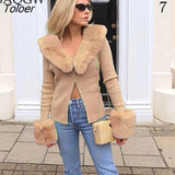 Knitted Autum Winter Cardigans Sweaters with Fur Trim Collar Long Sleeve Slim Jumpers Women Streetwear Knitwear Chic