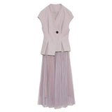 VAREY LIN New Summer Office Lady Two Piece Skirt Set Women V Neck Sleeveless Y2K Sets Top+high Waist A-line Pleated