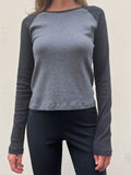 Vintage Patchwork Ribbed T-shirt Women Autumn Casual O-Neck Long Sleeve Tee Shirt Retro Streetwear Y2K T Shirts Tops-Outfit