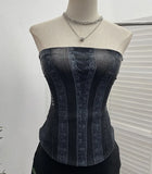 Denim Print Strap-On Corset Tsets Tsets Tsets Tsets Sleeveless Short