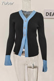 Fashion Women Knitted Cardigan V-neck Spliced Denim Flare Sleeve Contrast Color Sweater Coat Spring 2023 Trend New