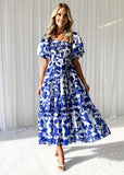 Spring And Summer Temperament Elegant Print Shoulder Bubble Sleeve Fashion