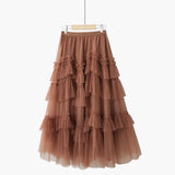 Autumn New Korean Sweet A-Line Cake Skirts Women High Waist Ruffles Mesh Skirt Vintage Kawaii Midi Faldas
