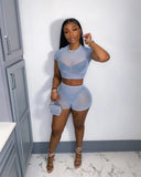 Summer Streetwear Womens 2 Two Peice Set Outfits Short Sleeve Crop Top High Waist Skinny Shorts Suits Mesh Matching